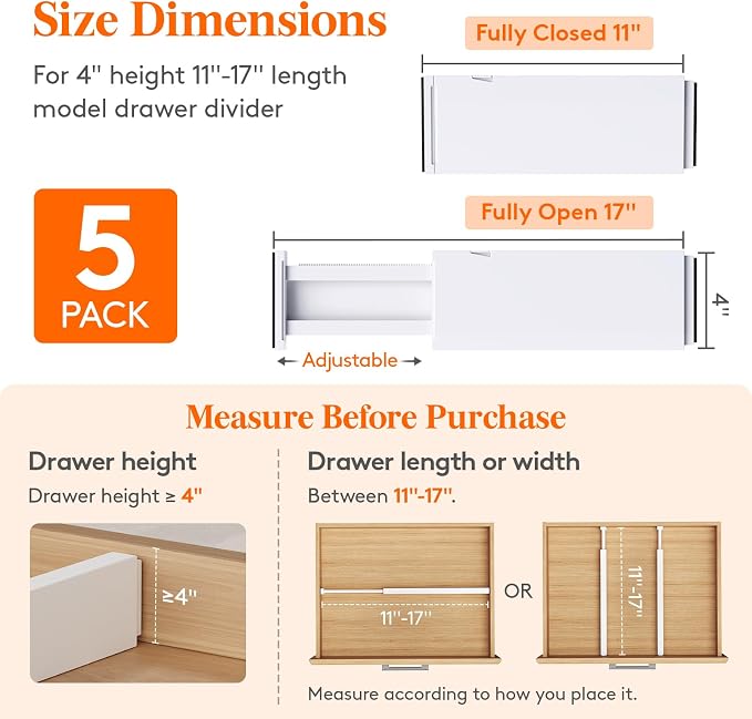 Lifewit 5 Pack Upgrade Drawer Dividers for Clothes, 4" High 11"-17" Adjustable Dresser Drawer Organizers, Expandable White Plastic Drawer Separators for Kitchen, Nursery, Office Organization & Storage