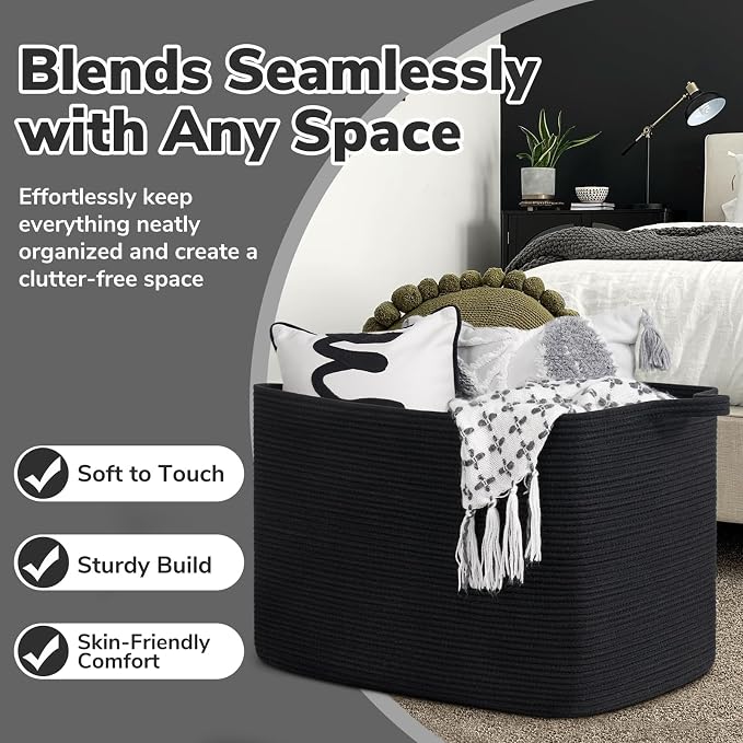 Goodpick 105L Extra Large Woven Blanket Basket, Cotton Rope, Black | 25 x 16 x 16 in, Rectangle, Living Room, Bedroom & Nursery Organization, Blankets, Pillows, Toys & Clothes Storage