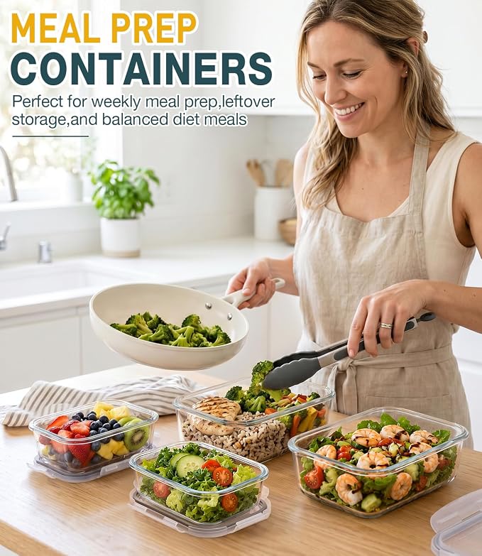 Large Glass Food Storage Containers with Lids, 4 Pack, 63oz & 22oz | Glass Meal Prep Containers for Family Meal, Leftovers, Lunch, Microwave, Oven, Freezer, Dishwasher, Airtight & Leak-Proof