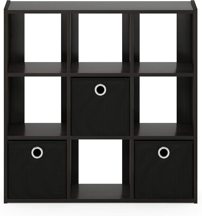 Furinno Simplistic 9-Cube Organizer with Bins, Small Size (Assembled unit dimensions : 7.9"D x 26.5"W x 26.7"H inches), Espresso/Black