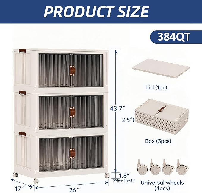 SAILUN 87Gal/348Qt Stackable Storage Bins Folding Collapsible Storage Bins with a Lid, Closet Organizers and Storage,Blush White 26" W x 17" D x 43.7" H