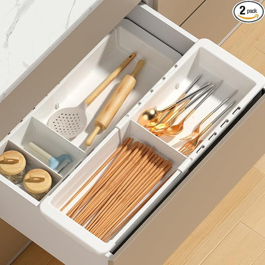 2 PCS Sliding Drawer Tray with Adjustable Dividers | Expandable Kitchen Storage Organizer, Sliding Drawer Bin, Expandable Drawer Organizer Trays For Utensils, Flatware, Junks