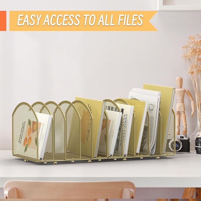 MINDEPOT Desk File Organizer 5 Sections Desktop Organizer File Sorter Office Organization File Folder Holder for Office School & Classroom (Gold, 5 Section - 1Pack)