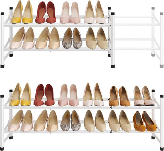 Expandable Shoe Rack for Closet 2 Tier, 28“-41“Stackable, White | Adjustable Shoe Organizer Closet Shoe Rack Floor, Metal Shoe Shelf Storage for Entryway, Closet, Garage, Front Door Entrance