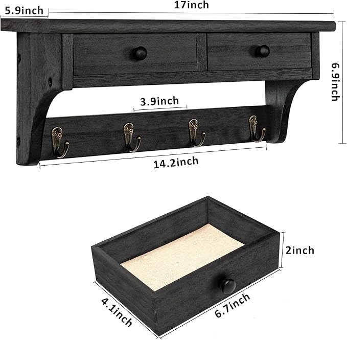 Emfogo Wood Coat Hooks Wall Mounted, Rustic Style with 4 Hooks & Shelf for Entryway, Mudroom, Bedroom, Kitchen, Bathroom (Black)
