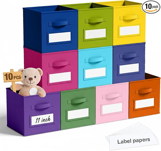 Teenyyou 10 Pack Fabric Storage Cubes 11 Inch Collapsible Cube Bins with Label Window & Handle Foldable Organizers Baskets for Shelf Closet Nursery Kids Room Clothes Book Toy(Candy)
