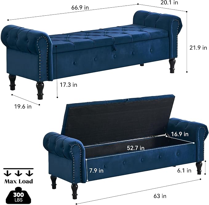 Storage Bench 67" Velvet End of Bed Benches Navy Blue | King Size Storage Bench for Bedroom with Rolled Arms Tufted Ottoman Benches Upholstered Bench for Living Room Entryway