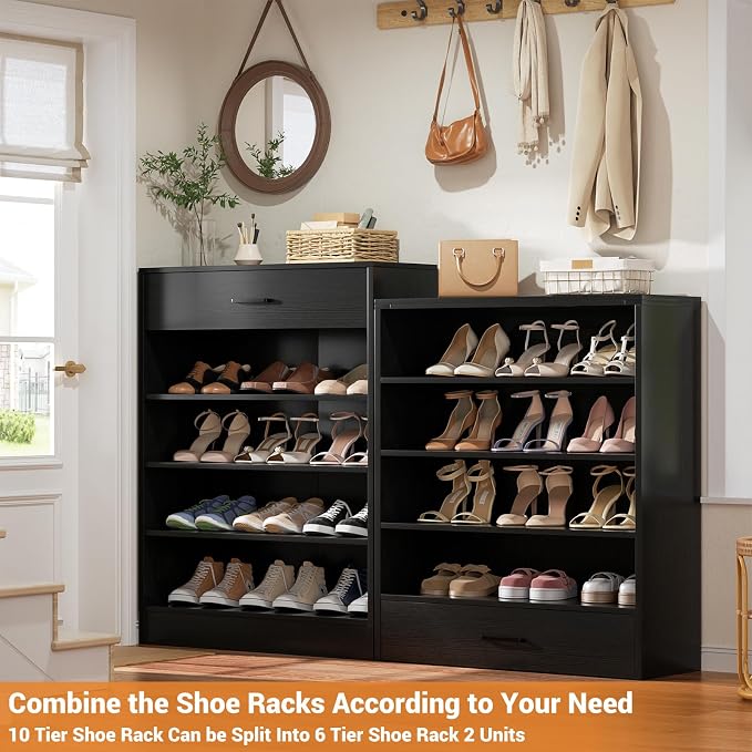 Aheaplus Tall Shoe Cabinet, 10 Tiers Wood Shoe Rack, Vertical Shoe Storage Organizer with 2 Drawers, Narrow Shoe Shelf Tower for 24-28 Pairs, Space Saving, for Closet, Entryway, Bedroom, Black