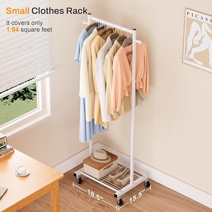 MISSLO Small Clothes Racks for Hanging Clothes Clothing Rack with Wheels 60" Garment Rack with Shelves Portable Rolling Wardrobe Rack for Small Space, White