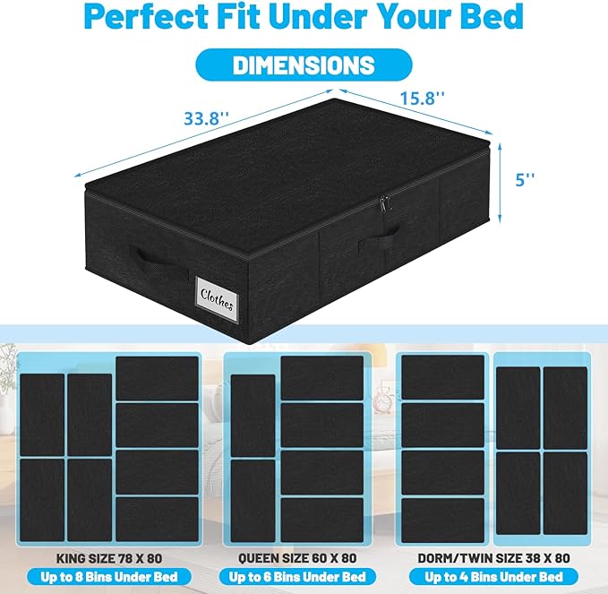 Under Bed Storage Container Bins 2 Pack, 5 Inch Thin Low Profile Underbed Clothes Storage Organizer for Dorm & Home, Use for Blanket and Toy Storage Box W/ Sturdy Bottom/Sides, Foldable Thick Fabric