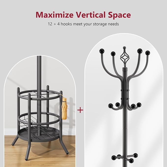 Tajsoon Coat Tree with Umbrella Stand, Coat Rack With 16 Hooks, Grey | 2-In-1 Design, Coat Stand Freestanding, Durable & Stable, Space-Saving, For Living Room, Bedroom, Office