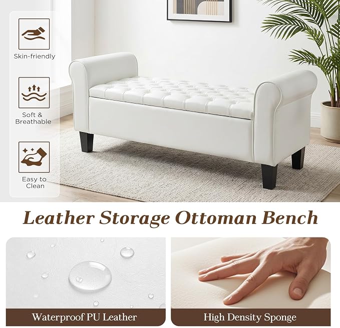 55" Storage Ottoman Bench for Living Room, End of Bed Bench with Rolled Arm Leather Ottoman with Storage Upholstered Entryway Bench Retro Style Footboard Bench for Bedroom, Cream White