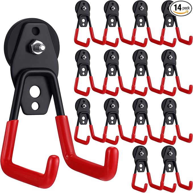 Landhoow 14 Pcs Large Magnetic Hooks Heavy Duty Garage Magnet Hooks Strong Storage Utility Magnetic Hangers with Anti Slip Rubber Coating for Indoor and Outdoor Hanging (Red)