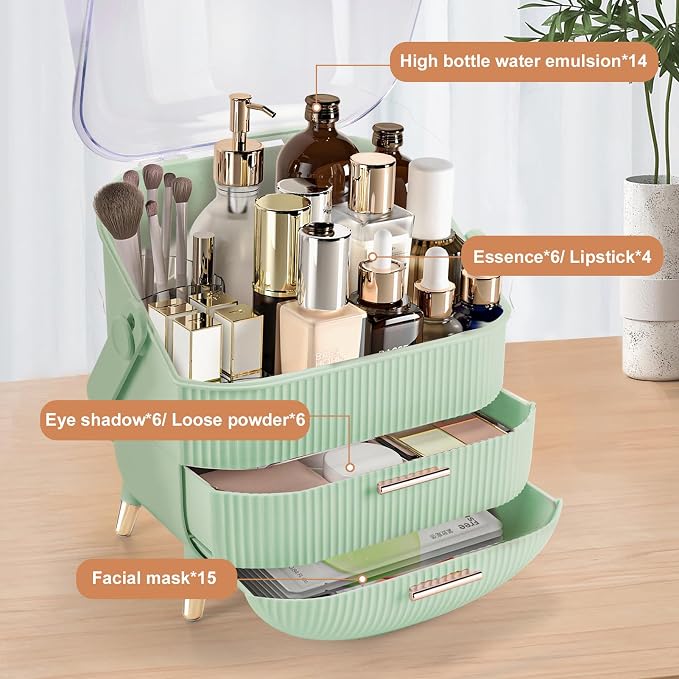 Makeup Organizer for Vanity, Large Capacity Skincare Organizer Countertop | Cosmetics Organizer with 2 Drawes, Cosmetic Display Cases Makeup Storage Box for Bedroom, Bathroom, Gifts for Women(Green)
