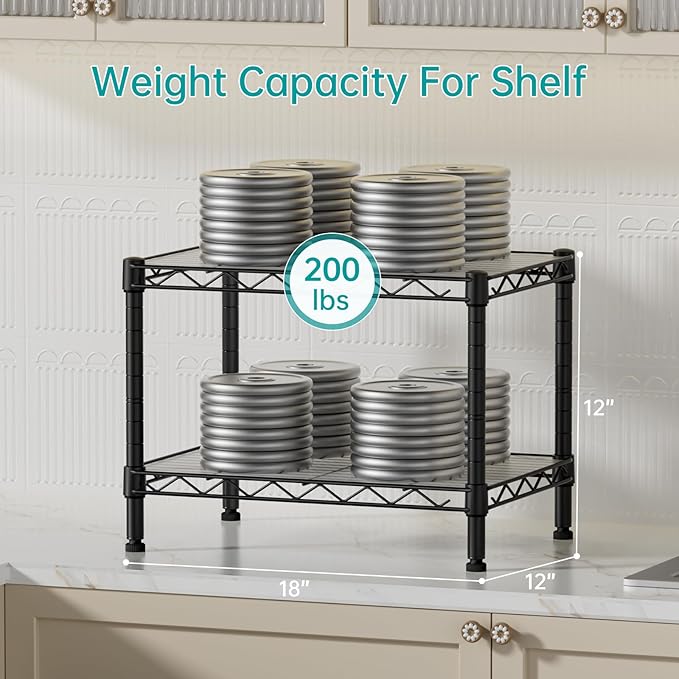 SINGAYE Small Shelves Kitchen Storage Shelf Wire Shelving Metal Adjustable | 2 Tier Shelf Organizers Storage Shelving Unit for Office Pantry Laundry Bathroom Closet Home 11.6" D X 17.6" W X 12" H Black