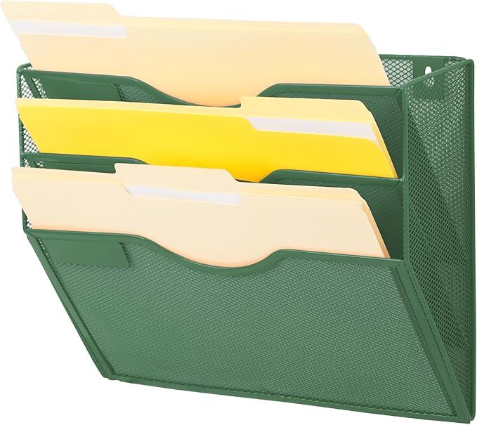 EASEPRES 3 Pocket Mesh Hanging Wall File Organizer, Wall Mounted Mail Paper Document Folder Holder, Clipboard Storage Organization Magazine Rack with Nametag Label for Office Home School, Dark Green