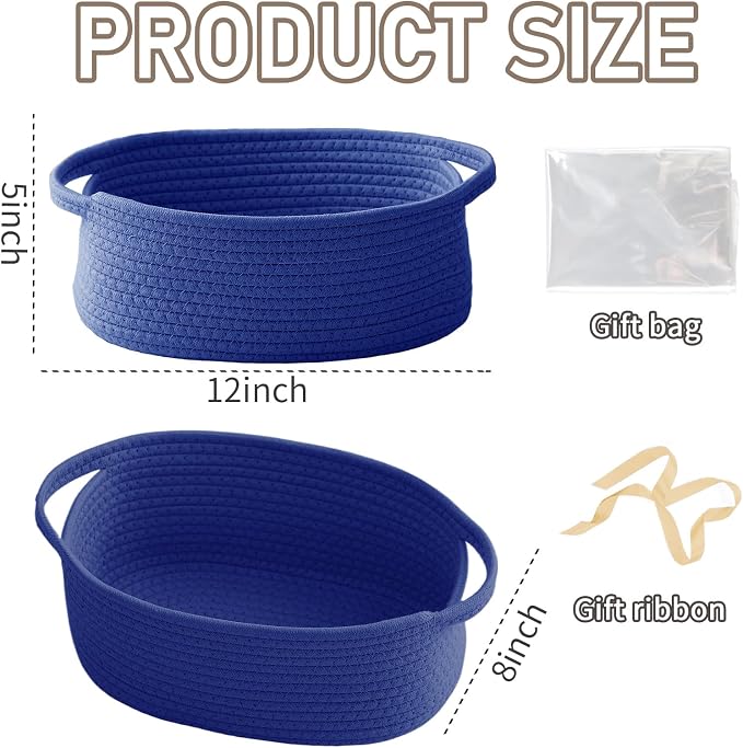 JMvicyroam Small Woven Basket, Empty Gift Basket, Navy Blue/1 Pack | Small Gift Basket, Cotton Rope, 12 x 8 x 27 in, Handles, Includes Ribbon and Bag, Birthday Gift Basket
