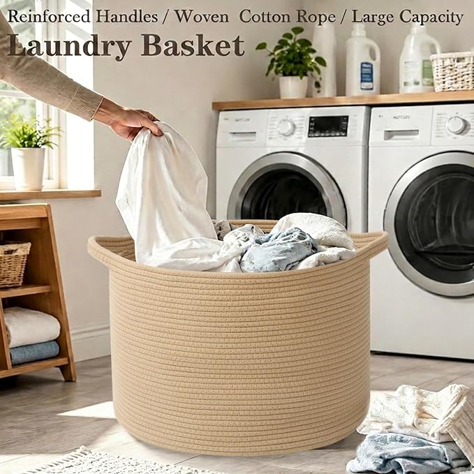 115L Extra Large Blanket Basket,Woven Rope Laundry Basket-Camel | Collapsible, reinforced handles, nursery storage bin organizes clothes, toys and pillows for living room, bedroom bathroom