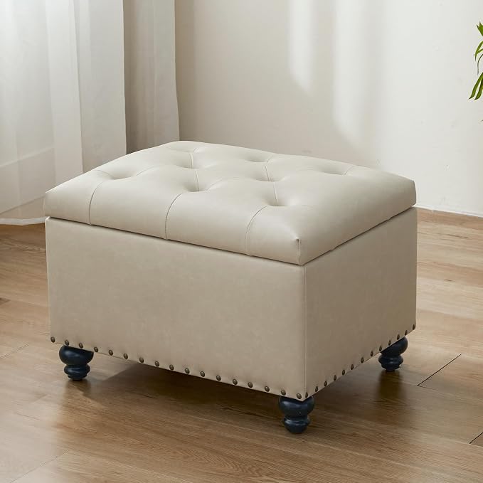 Zihanhome Leather Ottoman with Storage, Upholstered Button Tufted Ottoman Foot Rest, Foot Stools, 24" Rectangle Ottomans with Storage for Living Room, Bedroom, Dorms and Apartments (Beige-PU)