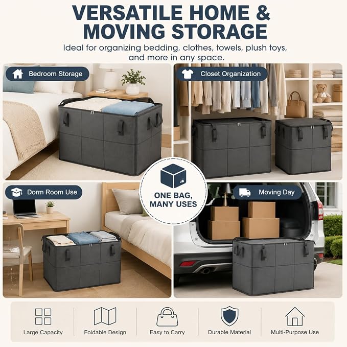 Spacious Moving Foldable Storage Bin with Reinforced Handles & Zipper，S：3 | XXL Foldable Large Capacity Storage Bag for Bedding, Blankets and Seasonal Clothes