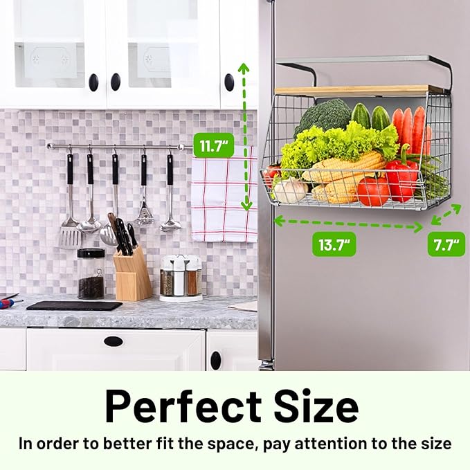 Magnetic Fridge Shelf with Wood Lid, Fruit Potato Onion Storage Bins, Pantry Organizers, Large Container Spice Rack for Refrigerator, Kitchen Counter, Cabinet (1, Silver)