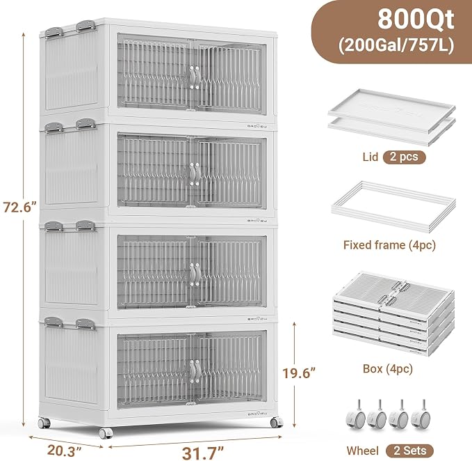 BROVIEW 800 Qt Extra Large Stackable Storage Bins with Lid, Plastic Closet Organizer and Storages Drawer, Collapsible Storage Box with Wheel, Folding Storage Cabinet for Closet Organizing, 4Pack White
