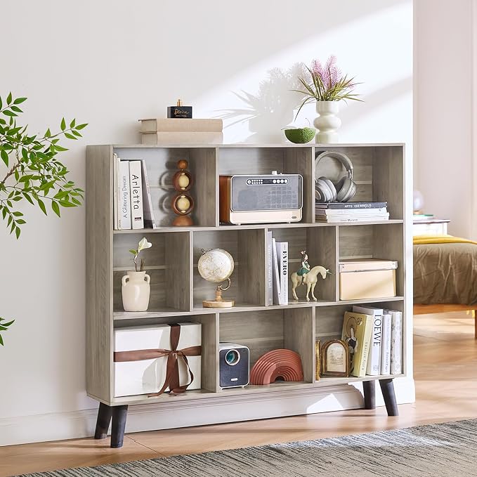 LEYAOYAO 10 Cube Bookshelf,Mid-Century Modern Bookcase with Legs,Retro Grey | 3 Tier Book Shelf,Rustic Wood Bookshelves Freestanding Large Storage Organizer, Open Shelves for Bedroom, Living Room, Office