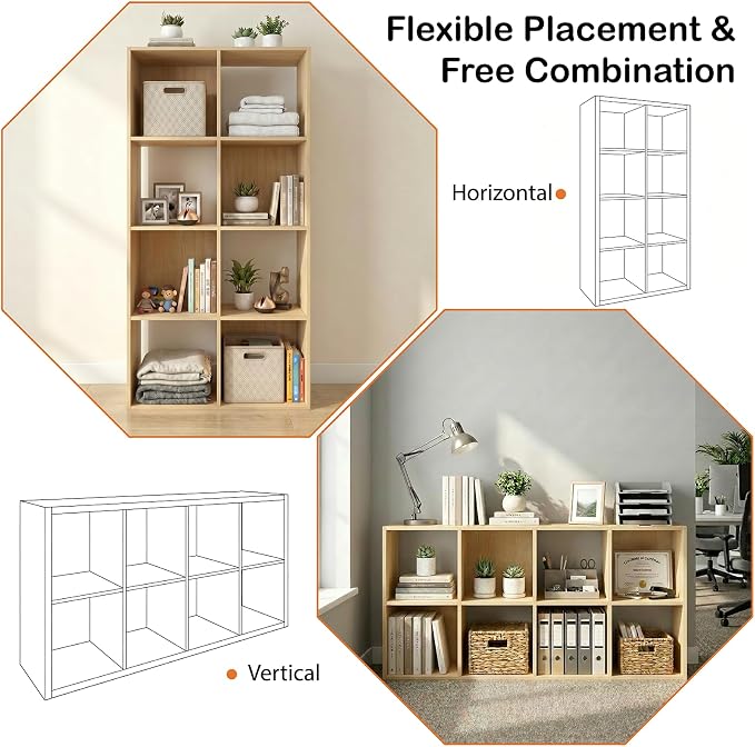 WannabeMyself【Sturdy Build&Easy Assembly】8 Cube Storage Organizer with Anti-Tipping Kits,Reversible Open Back Book Shelf, Bookcase for Living Room,Bedroom,Entrance Hall,Office,24.1×11.4×47.7,Oak Color