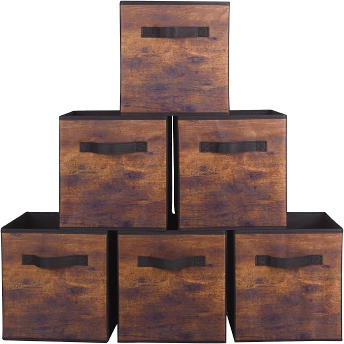 ShellKingdom Storage Bins, Foldable Fabric Storage Cubes And Cloth Storage | Storage Organizer For Closet And Toys, 10.5x10.5x11 INCH, 6 Pack (Retro Wood Pattern)