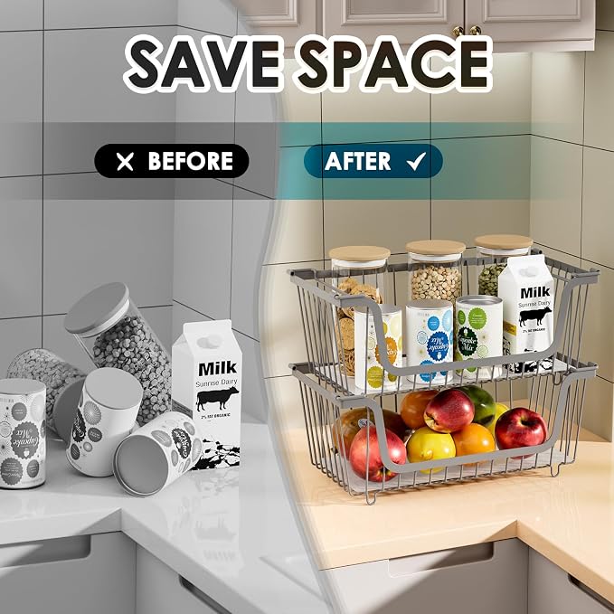 GAOKASE 4 Pcs Stackable Wire Baskets for Pantry Organizers and Storage, | Vegetable Fruit Basket for Countertop,Kitchen Storage Metal Baskets,Produce Potato Onion Storage Bin,Gray