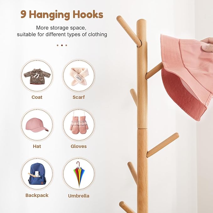 Cozivolife Kid's Coat Rack Stand: Height Adjustable with 9 Hooks (Natural) | Beech Wood Coats Tree for Cloth Hats and Handbags - Freestanding Child Clothes Racks for Hallway Entryway Bedroom