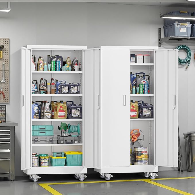 VINGLI Rolling Metal Storage Cabinet with Adjustable Shelves, 71'' Tall Garage Storage Cabinet with Wheels, Locking Tool Cabinets for Home Office Garage Gym School (White)