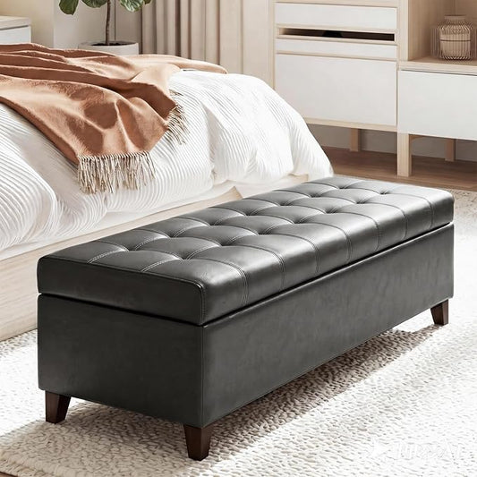 Joveco Storage Ottoman Bench, Tufted Leather 51 Inch Storage Bench for End of Bed Bedroom Living Room (51”, Dark Gray)