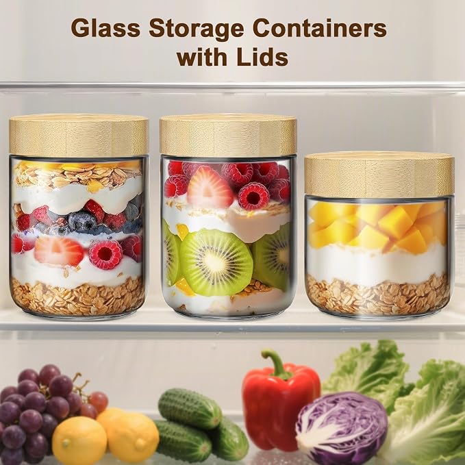 4 Pack 10oz Glass Jars with Bamboo Lids, Overnight Oats Containers with Airtight Lids, Storage Containers Wide Mouth Mason jars for Salad,Yogurt, Sugar, Snacks, Spices