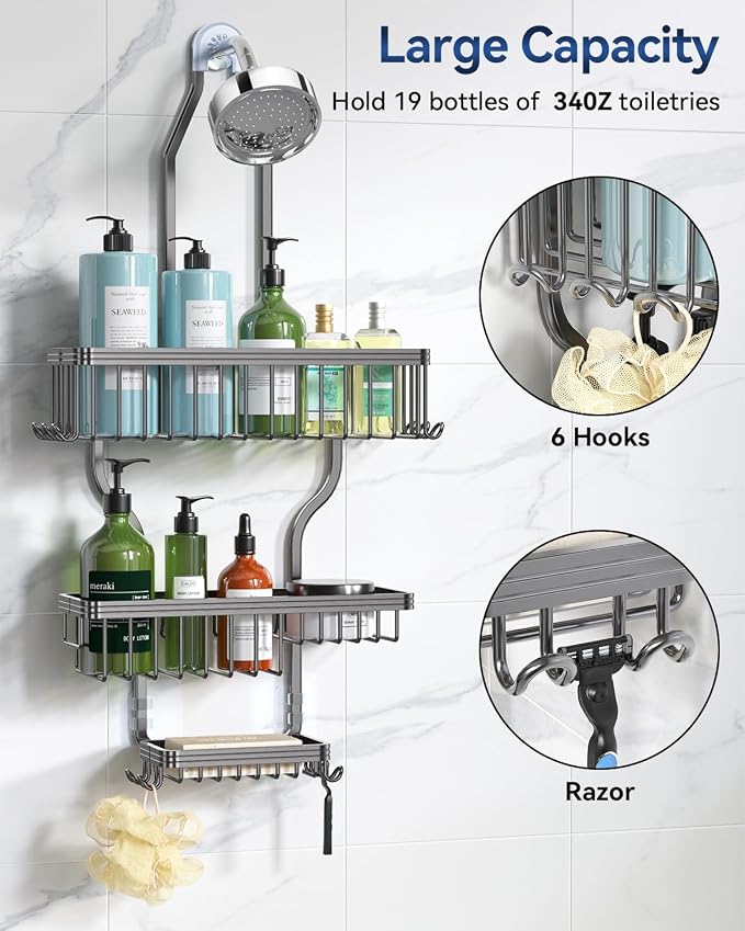 YASONIC Never Rust Shower Caddy Hanging, Aluminum Shower Racks for Inside Shower, 3-Tier Shower Organizer Hanging Over Shower Head with Hooks and Soap Holder, Grey