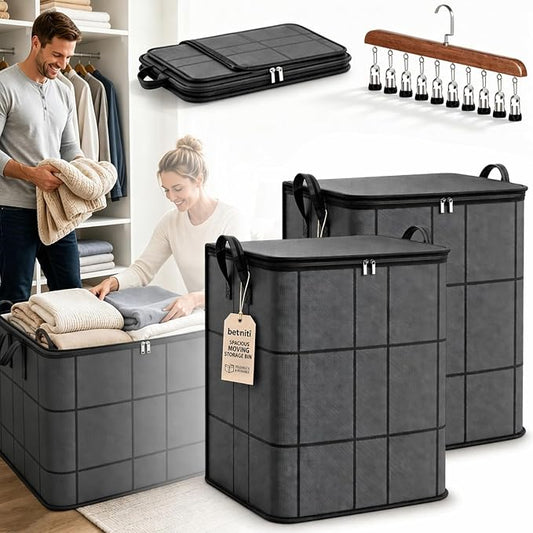 Upgrade Spacious Moving Storage Bin - Large Capacity Zippered Fabric Organizer for Bedding & Clothes, Foldable Blanket Bag with Reinforced Handles for Quilts, Comforters & Moving Day，2Pcs：XL