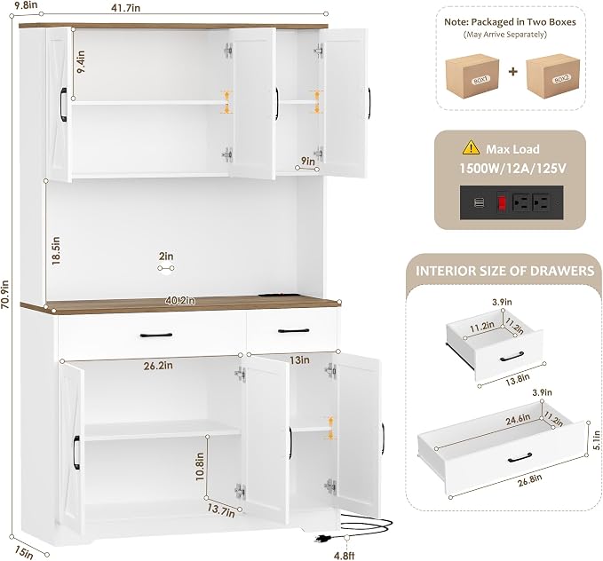 HOSTACK 71"H Kitchen Pantry Storage Cabinet, Farmhouse Hutch Cabinet, White | Space-Saving Pantry Cabinet with Charging Station & 2 Large Drawers & Adjustable Shelves, Tall Kitchen Hutch for Dining Room