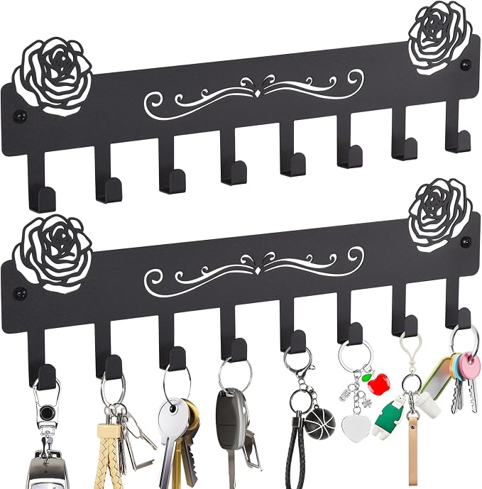 2-Pack Premium Iron Key Holder for Wall – Dual Installation | key holder wall mount Dual Installation: Wall Mount & Adhesive, 8 Hooks Key Rack for Entryway, Bathroom, Kitchen, Office