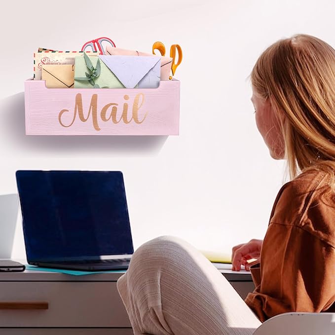 Wooden Mail Organizer Countertop | Pink Cute Mail Holder for Wall | Rustic Desk Mail Sorter Basket Letter Holder for Home Office Entryway Decor
