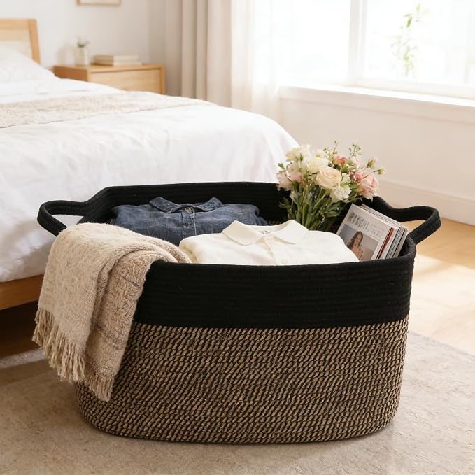 65L Collapsible Woven Rope Laundry Basket with Handles,Black/Jute | 21x16x12 Foldable Rectangular Blanket Basket for Toys, Clothes & Pillows,Ideal for Nursery, Bathroom, Bedroom, Living Room