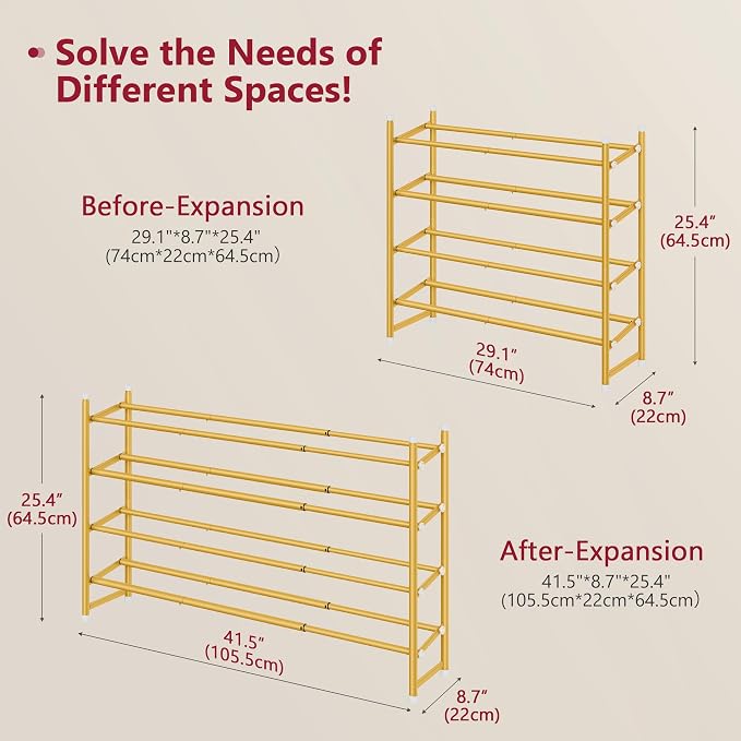 Expandable Shoe Rack for Closet 4 Tier, 28“-41“Stackable, Gold | Adjustable Shoe Organizer Closet Shoe Rack Floor, Metal Shoe Shelf Storage for Entryway, Closet, Garage, Front Door Entrance