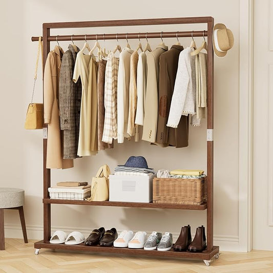 Solid Wood Clothes Rack with Wheels 3-in-1 Garment Rack Extra Long Rod 2 Shelves
