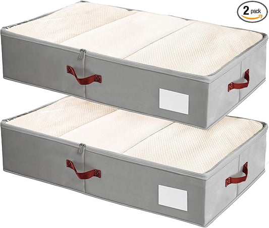 Under Bed Storage Bins with Clear PVC Lids – 2 Pack Large Underbed Organizers with Heavy-Duty Handles, Reinforced with 800G PP Panels & 80G Non-Woven Fabric – Waterproof & Foldable, Gery