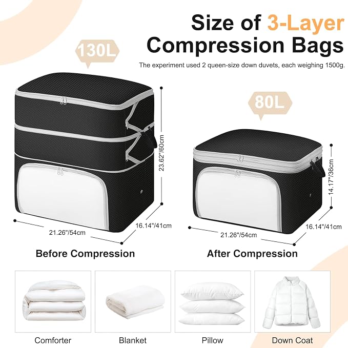 Comforter Storage Bag - 130L Blanket Storage Bags Front-opening Ultra Space Saving Self Compression Organizer, Washable Compression Bags for Storage Comforter Blanket, 1 Pack, Black