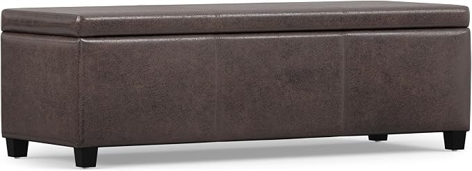 SIMPLIHOME Avalon Storage Ottoman Bench - 48" Wide x 16" High Upholstered Vegan Leather Rectangular Lift-Top Ottoman in Distressed Brown, Contemporary Bench for Living Room with High-Density Foam