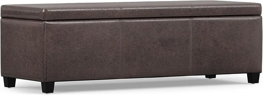 SIMPLIHOME Avalon Storage Ottoman Bench - 48" Wide x 16" High Upholstered Vegan Leather Rectangular Lift-Top Ottoman in Distressed Brown, Contemporary Bench for Living Room with High-Density Foam