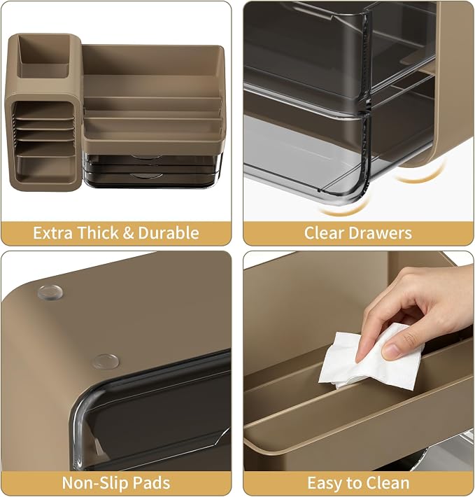 Countertop Makeup Skincare Organizer with Adjustable Brush Holder, Taupe | Extra Thick Plastic, Clear Drawers, Large Bathroom Vanity Counter Organizer, Cosmetic Storage for Perfume, Lipstick, Palettes