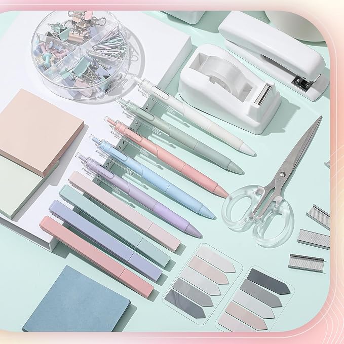 Kosiz Morandi Office Supplies Aesthetic Desk Organizer Pink Desk Accessories Gift for Pen Holder Stapler Binder Sticky Notes Paper Clips Scissor Staples Aesthetic for Women Men Students