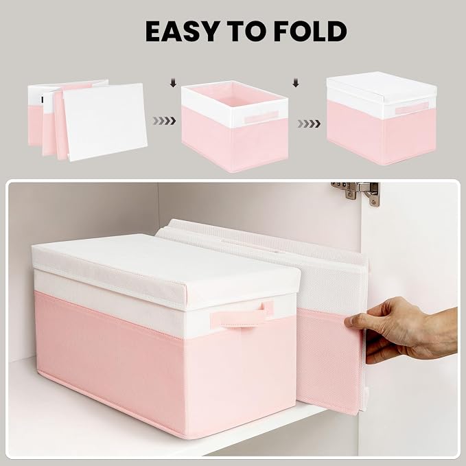 Large Closet Organizer Bins with Lids 4 Pack - 23 QT Collapsible Decorative Storage Boxes with Lids - Clothes Storage Bins with Handles - Fabric Containers for Living Room, Dorm, Nursery - Pink