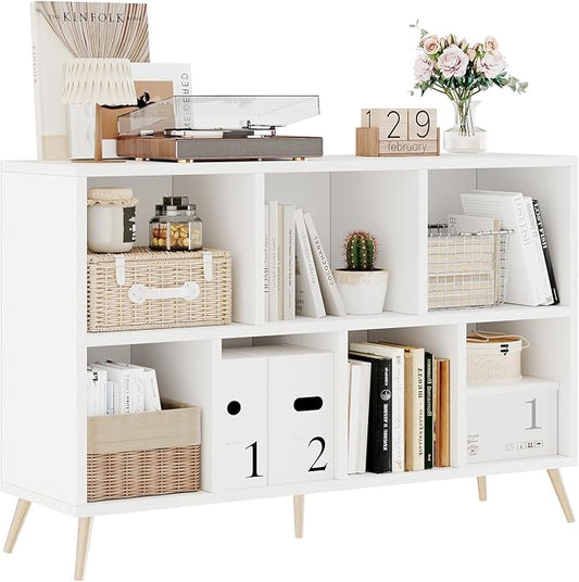 7-Cube Storage Organizer with Natural Wood Legs, Mid-Century Modern Bookcase and Display Cabinet, Freestanding Toy Storage Bookshelf for Living Room, Kids Room and Bedroom, White